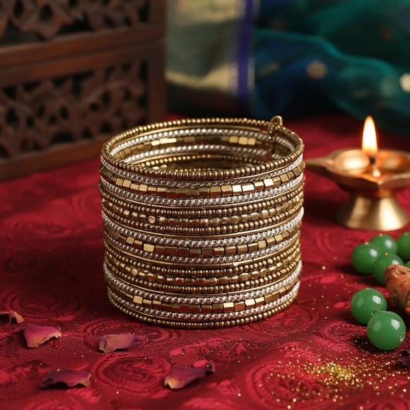 Indian Artisanal Beaded Golden Stacked Bracelet Handmade Boho Chic Jewelry - Picture 11 of 14